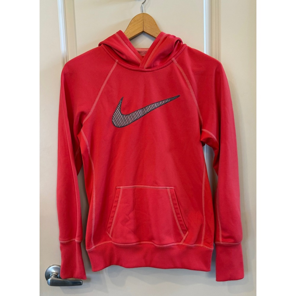 Nike Therma-FIT Hoodie Womens Red/Dark Coral Swoosh Pullover Sweatshirt Size S
